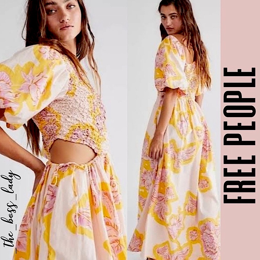 FREE PEOPLE KALINA FLORAL MAXI DRESS PINK YELLOW SIDE CUT OUTS SIZE SMALL